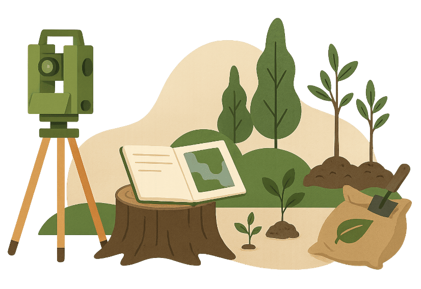 Teodolito sobre trípode y Plantones de árboles y vegetación